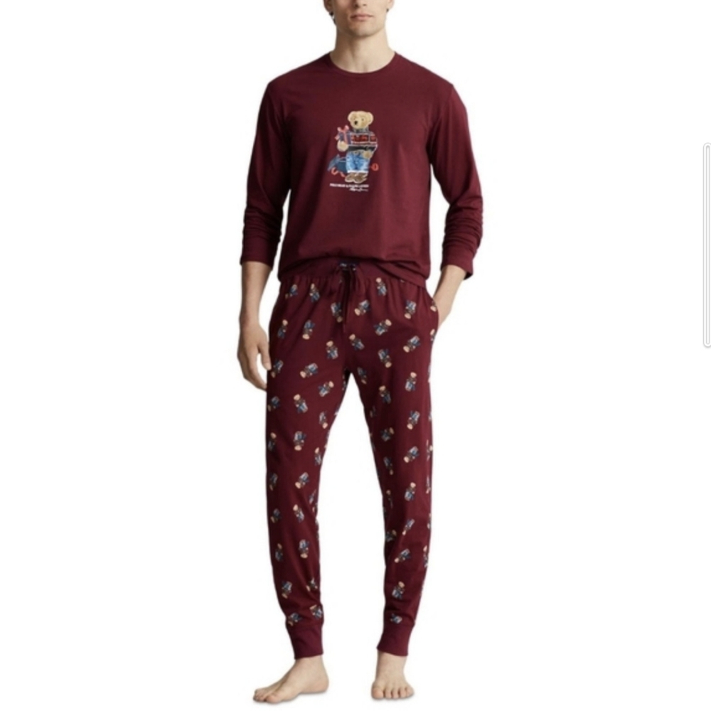 Polo Ralph Lauren 2-Pcs Cotton Polo Bear Pajamas Set M Classic Wine With Bear